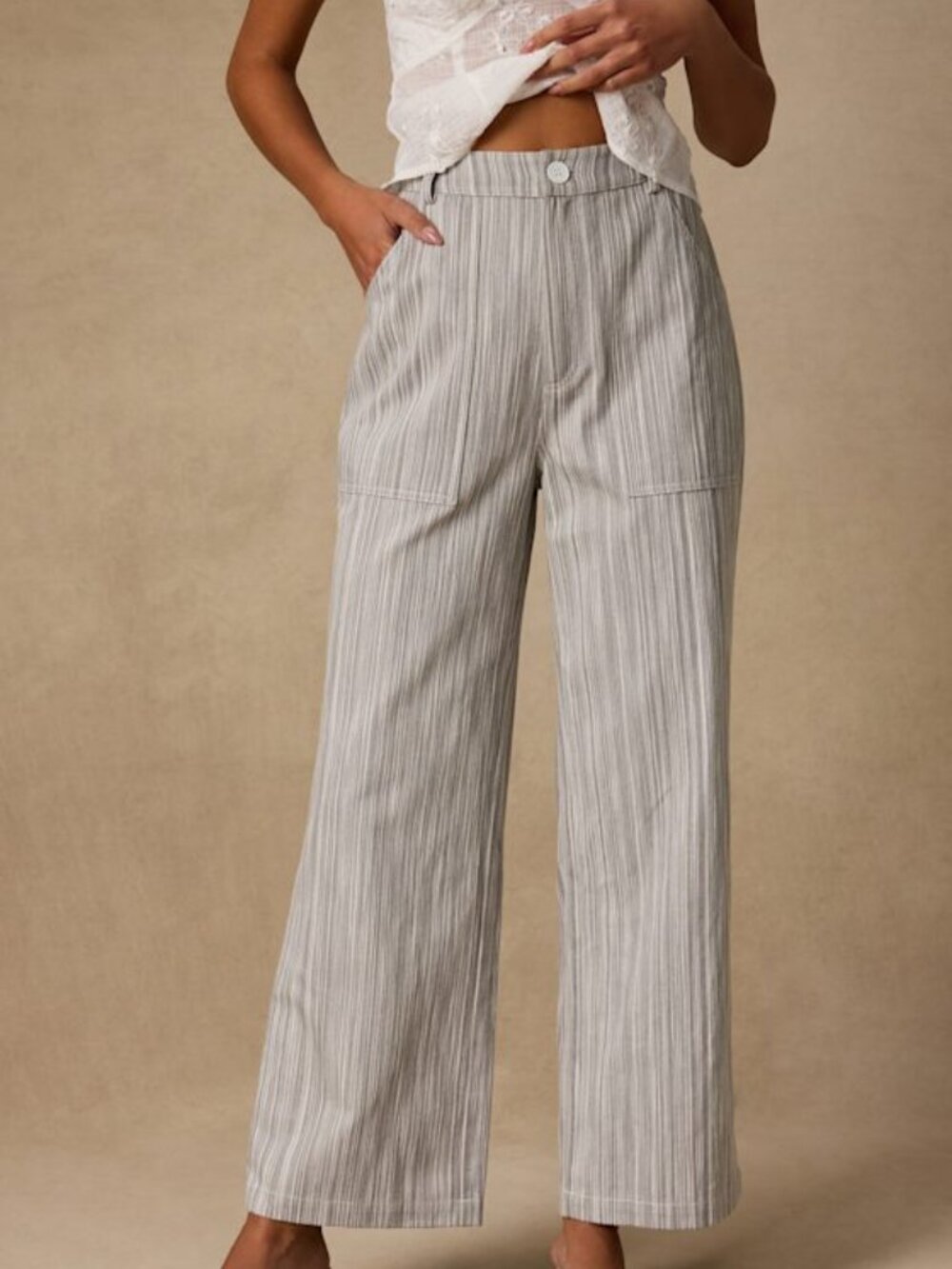 Lulus Inna Grey Striped Twill Wide-leg Pants - Size S
